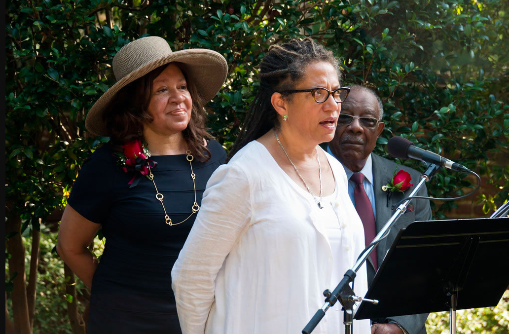 Nikki Finney speaks at the unveiling of the USC Desegregation Commemorative Garden