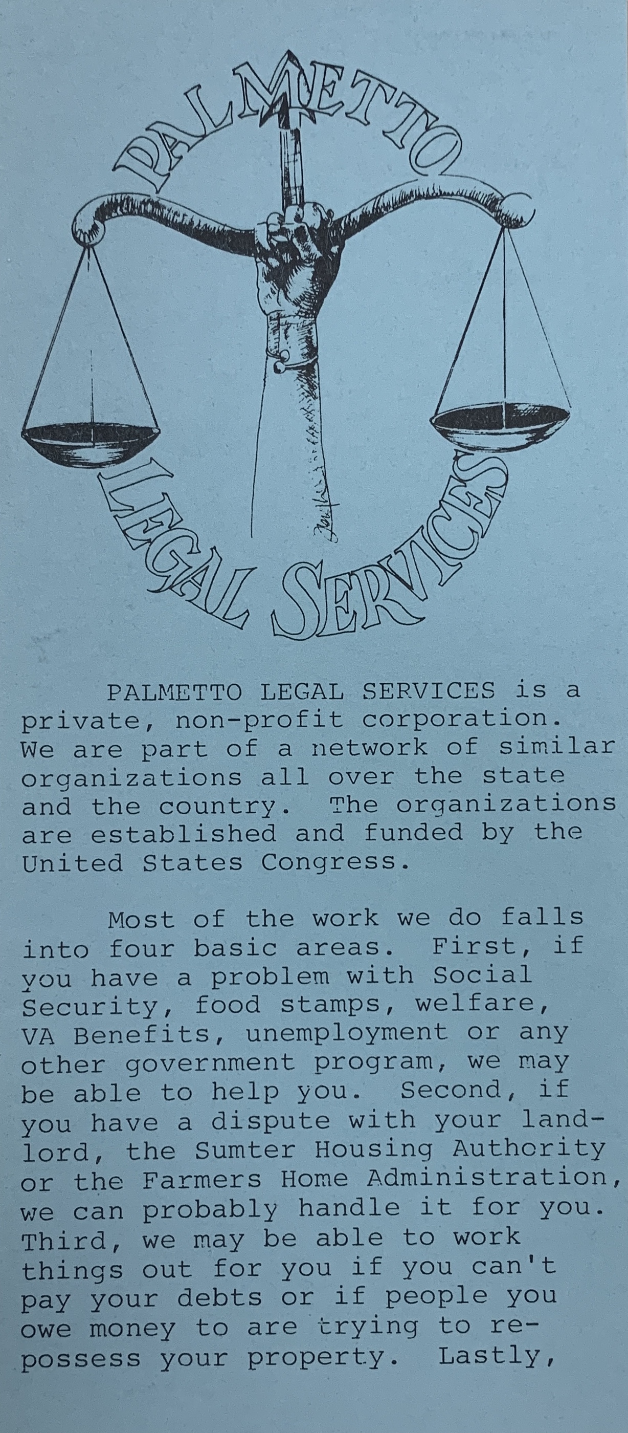 A brochure produced by Palmetto Legal Services, 1980s