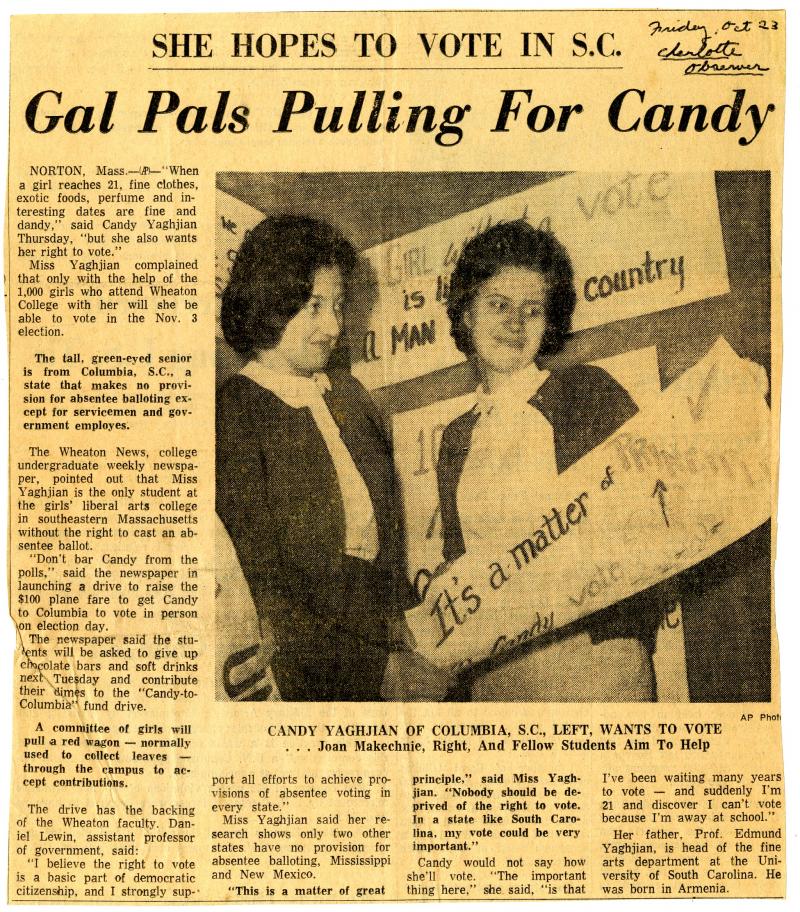 Newspaper article covering Candy Waites and the Wheaton College student campaign to send her to South Carolina to vote.